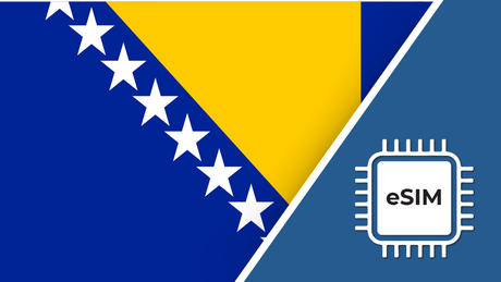 eSIM – Travel connectivity for Bosnia and Herzegovina. Image featuring the Bosnia and Herzegovina flag and an eSIM icon.