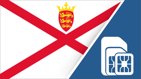 Jersey SIM Card – Travel connectivity for Jersey. Image featuring the Jersey flag and a SIM card icon