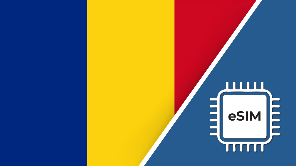 Romania eSIM – Travel connectivity for Romania . Image featuring the Romanian flag and an eSIM icon.