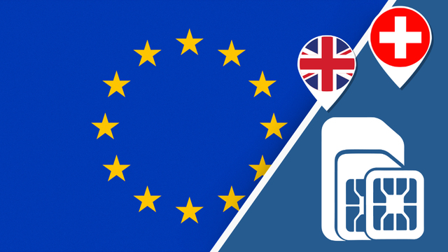 Europe + UK SIM Card – Travel connectivity for the Europe +UK. Image featuring the European flag and a SIM card icon.